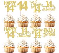 Pack of 30 14th Birthday Cake Decorations Glitter Hello Fourteen Cheers to 14 Cupcake Toppers 14 Fabulous Cake Decoration for 14th Birthday Anniversary Party Cake Decoration Gold