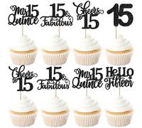 Pack of 30 15th Birthday Cake Decorations Glitter Hello Fifteen Cheers to 15 Cupcake Toppers 15 Mis Quince Cake Decoration for 15th Birthday Anniversary Party Cake Decoration Black