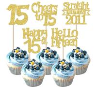Pack of 30 15th Birthday Cupcake Toppers Glitter Straight Outta 2011 Cake Decoration Happy 15th Hello Fifteen Cake Decoration for Cheers on 15th Birthday Wedding Anniversary Party Cake Decorations