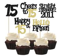 Pack of 30 15th Birthday Cupcake Toppers Straight Outta 2011 Cake Decoration Happy 15th Hello Fifteen Cake Decoration for Cheers on 15th Birthday Wedding Anniversary Party Cake Decorations Black Gold