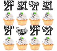 Pack of 30 21st Birthday Cake Decorations Glitter Happy 21st Twenty One Cupcake Toppers Happy Birthday 21 Cake Decoration for Cheers on 21 Years Party Cake Decorations Black
