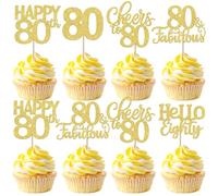Pack of 30 80th Birthday Cake Decorations Glitter Hello 80 Cheers to 80 Fabulous Cupcake Toppers Eighty Cake Decoration for 80th Birthday Anniversary Party Cake Decoration Gold