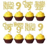 Pack of 30 9th Birthday Cupcake Toppers Glitter Straight Outta 2017 Cake Decoration Happy 9th Hello Nine Cake Decoration for Cheers on 9 Years Birthday Wedding Anniversary Party Cake Decorations Gold