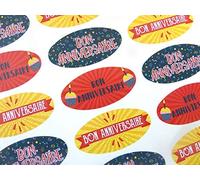 Pack of 30 Bon Anniversaire French Birthday Greeting Stickers, Colourful Oval Self-Stick Labels for Cards, Envelopes, Craft, Decoration