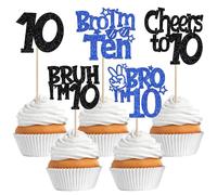 Pack of 30 Bro I'm 10 Cake Decorations Glitter Cheers to 10 Cupcake Toppers Bruh I'm 10 Cake Decoration for Cheers on Ten Years Old Birthday Party Cake Decorations Black Blue