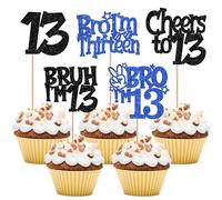 Pack of 30 Bro I'm 13 Cake Decorations Glitter Cheers to 13 Cupcake Toppers Bruh I'm 13 Cake Decoration for Cheers on Thirteen Years Old Birthday Party Cake Decorations Black Blue