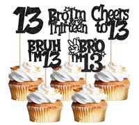 Pack of 30 Bro I'm 13 Cake Decorations Glitter Cheers to 13 Cupcake Toppers Bruh I'm 13 Cake Decoration for Cheers on Thirteen Years Old Birthday Party Cake Decorations Black