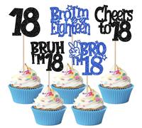Pack of 30 Bro I'm 18 Cake Decorations Glitter Cheers to 18 Cupcake Toppers Bruh I'm 18 Cake Decoration for Cheers to Eighteen Years Old Birthday Party Cake Decorations Black Blue