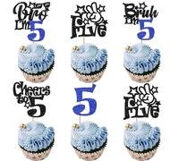 Pack of 30 Bro I'm 5 Cupcake Toppers Glitter Cheers to 5 Cake Decoration Bruh I'm 5 Cake Decoration for Cheers on Five Years Old Birthday Party Cake Decorations Black Blue