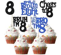 Pack of 30 Bro I'm 8 Cake Decorations Glitter Cheers to 8 Cupcake Toppers Bruh I'm 8 Cake Decoration for Cheers Eight Years Old Birthday Party Cake Decorations Black Blue