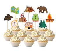 Pack of 30 Camper Theme Cake Decoration Tree Bear Tent Campfire Guitar Cupcake Toppers Beautiful Camping Cake Decoration for Weekend Outdoor Theme Birthday Party Cake Decorations