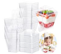 Pack of 30 Dessert Glasses, Plastic, 60 ml, Dessert Glasses with Lids and Spoons, Reusable, Small Dessert Glasses, Square Dessert Glasses Set for DIY Desserts, Ice Cream, Pudding, Mousse, Party