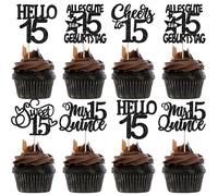 Pack of 30 Happy Birthday 15 Cake Decorations Glitter Mis Quince Sweet 15 Cupcake Toppers Hello 15th Cake Decoration for Cheers on 15th Year Anniversary Party Cake Decorations Black