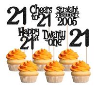 Pack of 30 Straight Outta 2005 Birthday Cake Decorations Glitter Happy 21st Hello Twenty One Cupcake Toppers for Cheers on 21 Years Birthday Wedding Anniversary Party Cake Decorations Black
