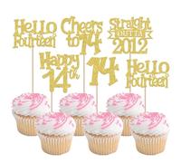 Pack of 30 Straight Outta 2012 Birthday Cake Decorations Glitter Happy 14th Hello Fourteen Cupcake Toppers for Cheers on 14 Years Birthday Wedding Anniversary Party Cake Decorations Gold