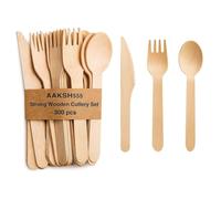 Pack of 300 Strong Disposable Wooden Cutlery Set (100 Spoons 100 Forks 100 Knives) 100% Birch Wood Sturdy & Strong, Ideal for Christmas Birthday Party BBQ Picnic Easter New Year
