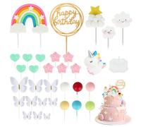 Pack of 33 Unicorn Birthday Cake Decorations, Unicorn Cake Decoration with Butterfly Cake Decoration for Girls, Cake Decoration Birthday Girl for Cupcake, Birthday Cake