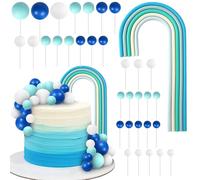Pack of 34 Rainbow Cake Decorations, DIY Baubles, Natural Boho Mini Foam Ball Cake Toppers for Baby Shower, Children, Birthday, Wedding, Anniversary, Party, Cake Decorations, Blue, Beige