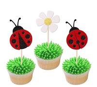 Pack of 36 Ladybird Cake Decorations Glitter Flowers Insects Cupcake Toppers Ladybug Cake Decoration for Garden Theme Baby Shower Children Birthday Party Cake Decorations