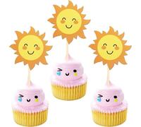 Pack of 36 Sun Cupcake Toppers Double Side Sun Flower Smile Face Cake Decoration Sunshine Cake Decoration for Sun Theme Baby Shower Children Birthday Party Cake Decorations