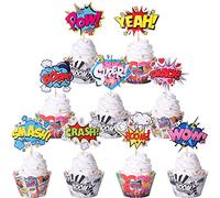 Pack of 36 Superheros Cupcake Toppers Wrappers Boom Pow Hero Birthday Cake Decoration for Celebrating Children Heroes Theme Baby Shower Birthday Party Cake Decorations Accessories