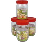 (Pack of 4) 300 ML Plastic Storage Jars with Lids Airtight Refillable Clear Durable Round Food Containers Set Red Screw Top Lids For Kitchen Food Storage, Hardware Storage, Cosmetics, Slime Making (3)