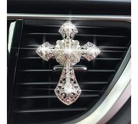 Pack of 4 7 x 5.3 cm Cross Car Diffuser Metal Aromatherapy Essential Oil Diffuser Ventilation Clips with Rhinestones Car Air Freshener Clip Interior Decoration for Women, Silver