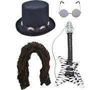 Pack of 4 Adult Unisex Punk Biker Accessories Includes Top Hat, Black Curly Long Wig, Glasses & Inflatable Guitar Kit - 1980s Gangster Biker Cosplay Costume Steam Punk Party Fancy Dress Outfit