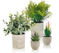Pack of 4 Artificial Plants Indoor, Pulp Plants for Indoor Decoration, include Mini Aloe Vera Potted Plant, Rosmarinus Officinalis, Eucalyptus Leaves as Decoration Plants, and 1 piece of Hemp Rope