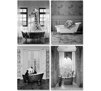 Pack of 4 Bathroom Pictures, Giraffe in the Bathtub, Poster Wall Art, Funny Animal Picture, Elephant, Zebra Penguins, Bathtub Home Decor, Without Frame (Poster 2, 20 x 30 cm x 4 Pieces, Unframed)
