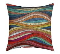 Pack of 4 Boho Throw Pillow Covers 18x18 Bohemian Wavy Pillow Covers Rainbow Embroidered Waves Cushion Covers Geometric Tribal Ethnic Colorful Abstract Decorative Pillow Covers for Adult