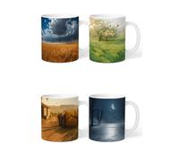 Pack of 4 Ceramic Mugs - Four Seasons Design, 330ml Coffee & Tea Cups, White Interior, Printed Exterior, Dishwasher Safe, Hot & Cold Drinks
