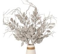 Pack of 4 Christmas Artificial Glitter Leaves with Christmas Glitter Stems, Shining Christmas Picks and Sprays Picks Artificial Glitter Long Stems for Xmas Tree Vase Filler Decoration (Champagne)