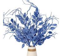 Pack of 4 Christmas Artificial Glitter Leaves with Christmas Glitter Stems, Shining Christmas Picks and Sprays Picks Artificial Glitter Long Stems for Xmas Tree Vase Filler Decoration (Royal Blue)