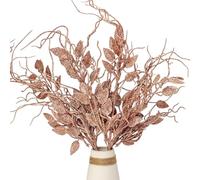 Pack of 4 Christmas Artificial Glitter Leaves with Christmas Glitter Stems, Shining Christmas Picks and Sprays Picks Artificial Glitter Long Stems for Xmas Tree Vase Filler Decoration (Rose Gold)