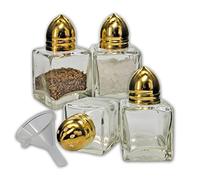 Pack of 4 Clear Glass Mini Cube Salt & Pepper Shakers with Gold-tone Tops and BONUS Easy Fill Funnel (Gold) by NetSellsIt