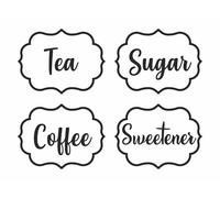 Pack of 4 Coffee Tea Sugar Sweetener Canister Stickers, Black | Self-Adhesive, Waterproof Vinyl, Kitchen Decal, Each Single Sticker Measures 80mm by 60mm