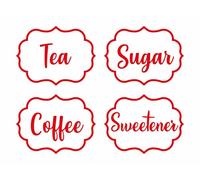 Pack of 4 Coffee Tea Sugar Sweetener Canister Stickers, Red | Self-Adhesive, Waterproof Vinyl, Kitchen Decal, Each Single Sticker Measures 80mm by 60mm