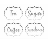 Pack of 4 Coffee Tea Sugar Sweetener Canister Stickers, Silver | Self-Adhesive, Waterproof Vinyl, Kitchen Decal, Each Single Sticker Measures 80mm by 60mm