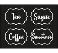 Pack of 4 Coffee Tea Sugar Sweetener Canister Stickers, White | Self-Adhesive, Waterproof Vinyl, Kitchen Decal, Each Single Sticker Measures 80mm by 60mm