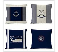 Pack of 4 Cushion Covers 35x35cm Throw Pillow Covers Soft Square Decorative Cotton Linen Pillowcases for Living Room Sofa Outdoor Garden Couch Bed with Invisible Zipper Set of 4 Blue Nautical, 14x14in