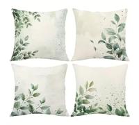Pack of 4 Cushion Covers 35x35cm Throw Pillow Covers Soft Square Decorative Cotton Linen Pillowcases for Living Room Sofa Outdoor Garden Couch Bed with Invisible Zipper Set of 4 Green Plants,14x14inch