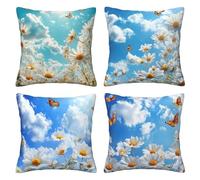 Pack of 4 Cushion Covers 50x50 cm Blue Sky Linen Double Sided Soft Decorative Throw Pillow Covers Machine Washable, Square Throw Pillow Cases with Invisible Zipper for Sofa Bed 20x20 Inch Mo4339