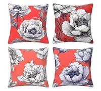 Pack of 4 Cushion Covers 55x55 cm Red White Linen Double Sided Soft Decorative Throw Pillow Covers Machine Washable, Square Throw Pillow Cases with Invisible Zipper for Sofa Bed 22x22 Inch Mo5240