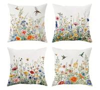 Pack of 4 Cushion Covers 55x55cm Throw Pillow Covers Soft Square Decorative Cotton Linen Pillowcases for Living Sofa Outdoor Garden Couch Bed with Invisible Zipper Set of 4 Small Flower Grass,22x22in