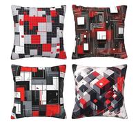 Pack of 4 Cushion Covers 80x80 cm Red Black Short Plush Double Sided Soft Decorative Throw Pillow Covers Machine Washable, Square Throw Pillow Cases with Invisible Zipper for Sofa 32x32 Inch Mo4980