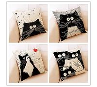 Pack of 4 Cushion Covers Black And White Cat Square Velvet with Invisible Zipper Double Sided Printing Decorative Pillow Cases for Sofa Couch Car Livingroom Indoor Outdoor Decor 35x35cm 14x14inch