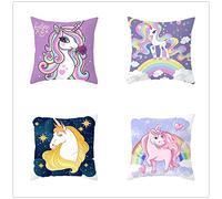 Pack of 4 Cushion Covers Pink Cartoon Unicorn Square Cotton and Linen with Invisible Zipper Double Sided Printing Decorative Pillow Cases for Sofa Couch Car Indoor Outdoor Decor 65x65cm 26x26inch