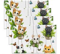 Pack of 4 Cute Cat Placemats,Colorful Kitty Waterproof Placemats 45x30 cm,Butterfly Botanical Table Mats,Farmhouse Potted Plant Place Mats,Kids Illustration Design Oil Proof Washable Decor