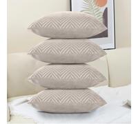 (Pack of 4, Embossed Beige Cushions) Velvet Cushion Covers Soft Luxury Embossed Stripe Quilted Cushions Pack of 1,2 & 4